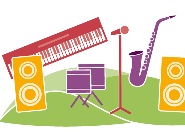 Illustration von Instrumenten mit Mikrofon und Lautsprechern auf einer grünen Wiesenlandschaft