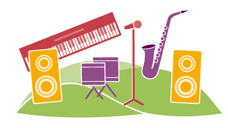 Illustration von Instrumenten mit Mikrofon und Lautsprechern auf einer grünen Wiesenlandschaft