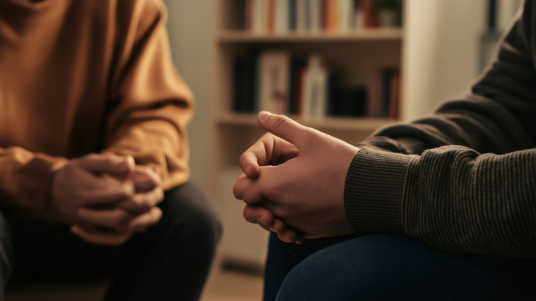 Zwie Personen sitzen mit gefalteten Händen voreinander